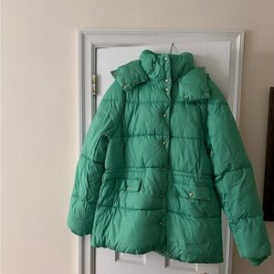 NWT! J.Crew Tall Chateau Puffer Coat in Bright Green with Gold Snap Buttons